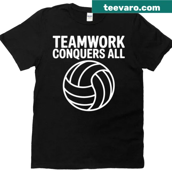 Typography T-shirt featuring the phrase 'Teamwork Conquers All'.