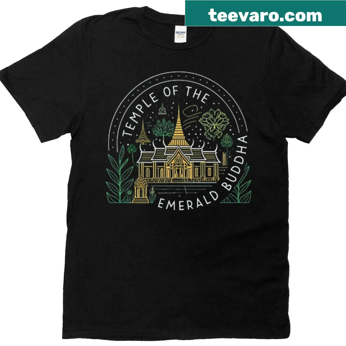 Minimalist line-art illustration of the Temple of the Emerald Buddha — on a men's t-shirt