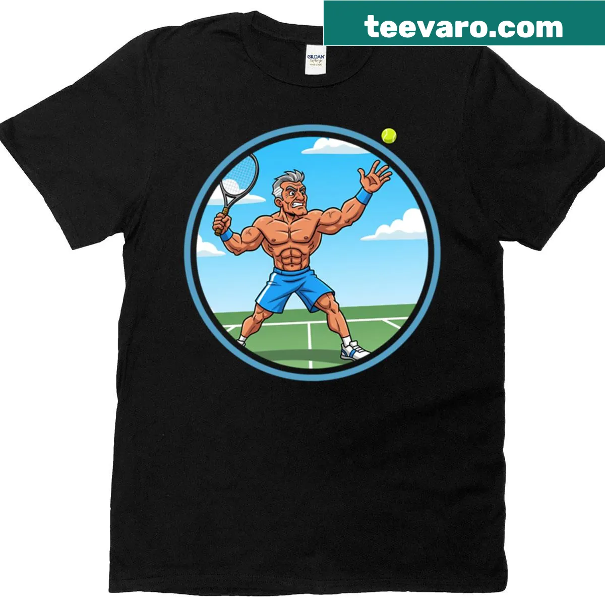 Illustrative Tennis Muscle Dad T-shirt celebrating sporty dads — on a men's t-shirt