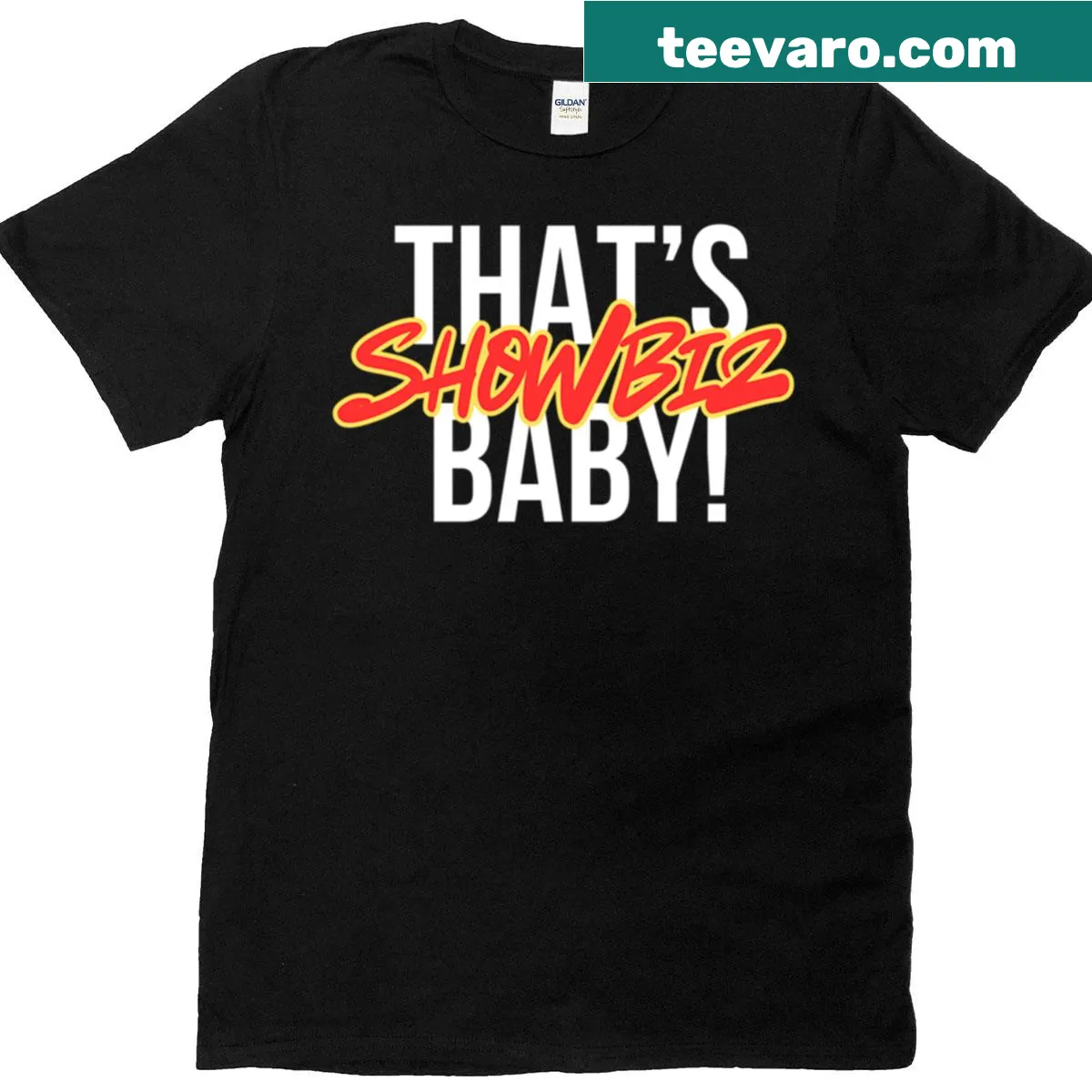 Retro pop art typography shirt with showbiz phrase — on a men's t-shirt