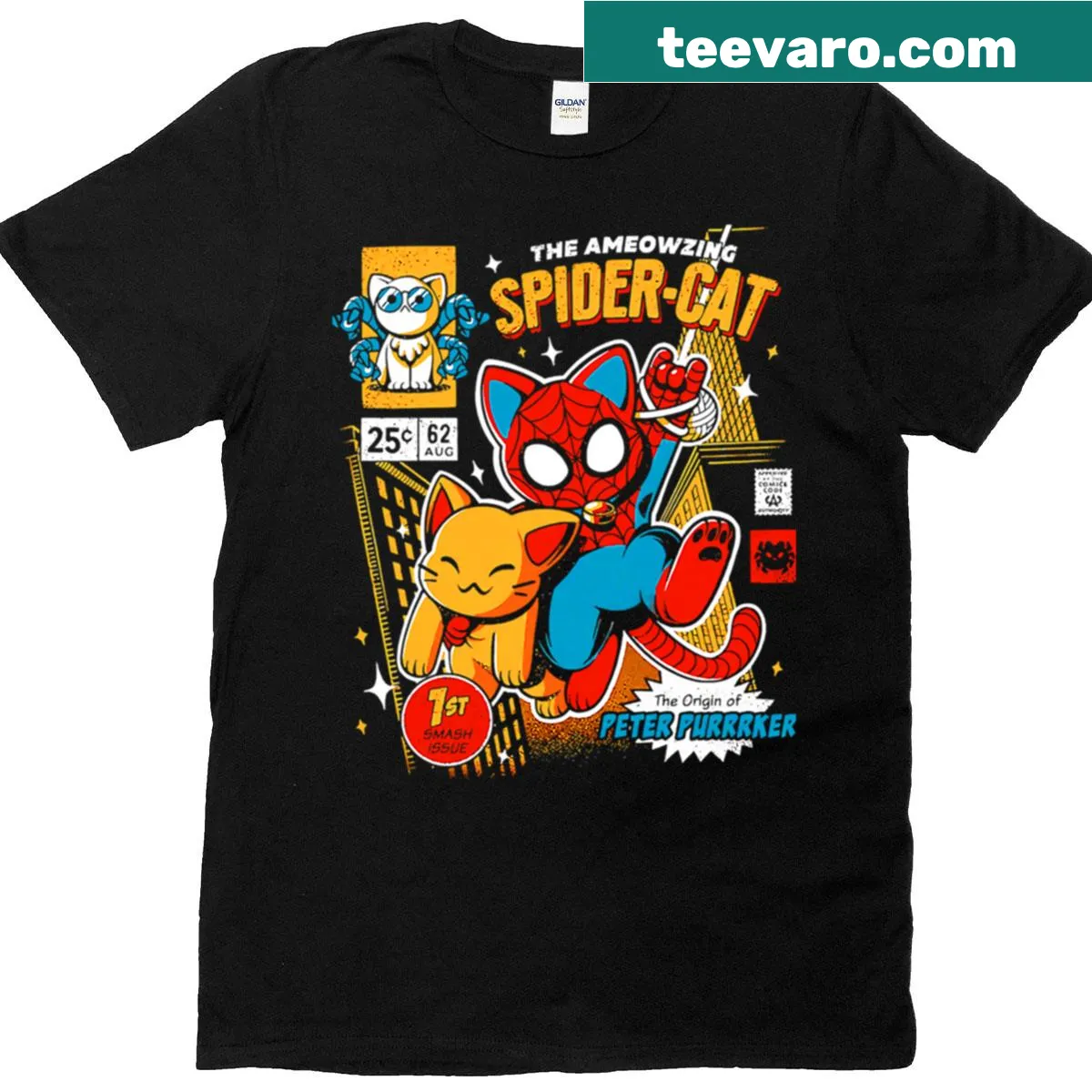 Playful cartoon T-shirt featuring 'The Ameozing Spider Cat' design — on a men's t-shirt