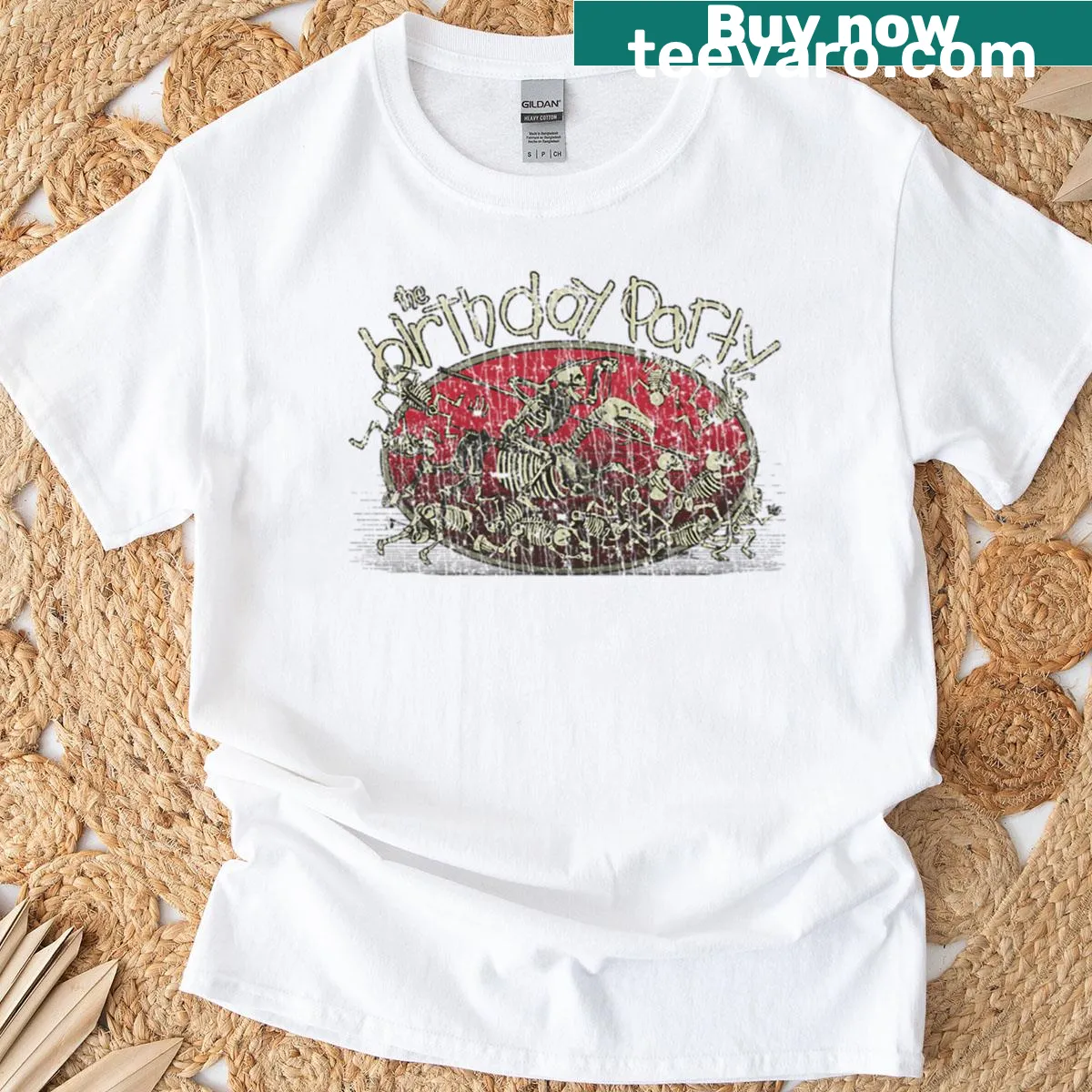 T-shirt featuring a skeleton crew design inspired by The Birthday Party movie — on a men's t-shirt