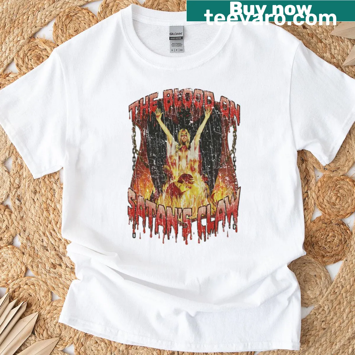Vintage shirt featuring design inspired by 'The Blood On Satan's Claw' — on a men's t-shirt