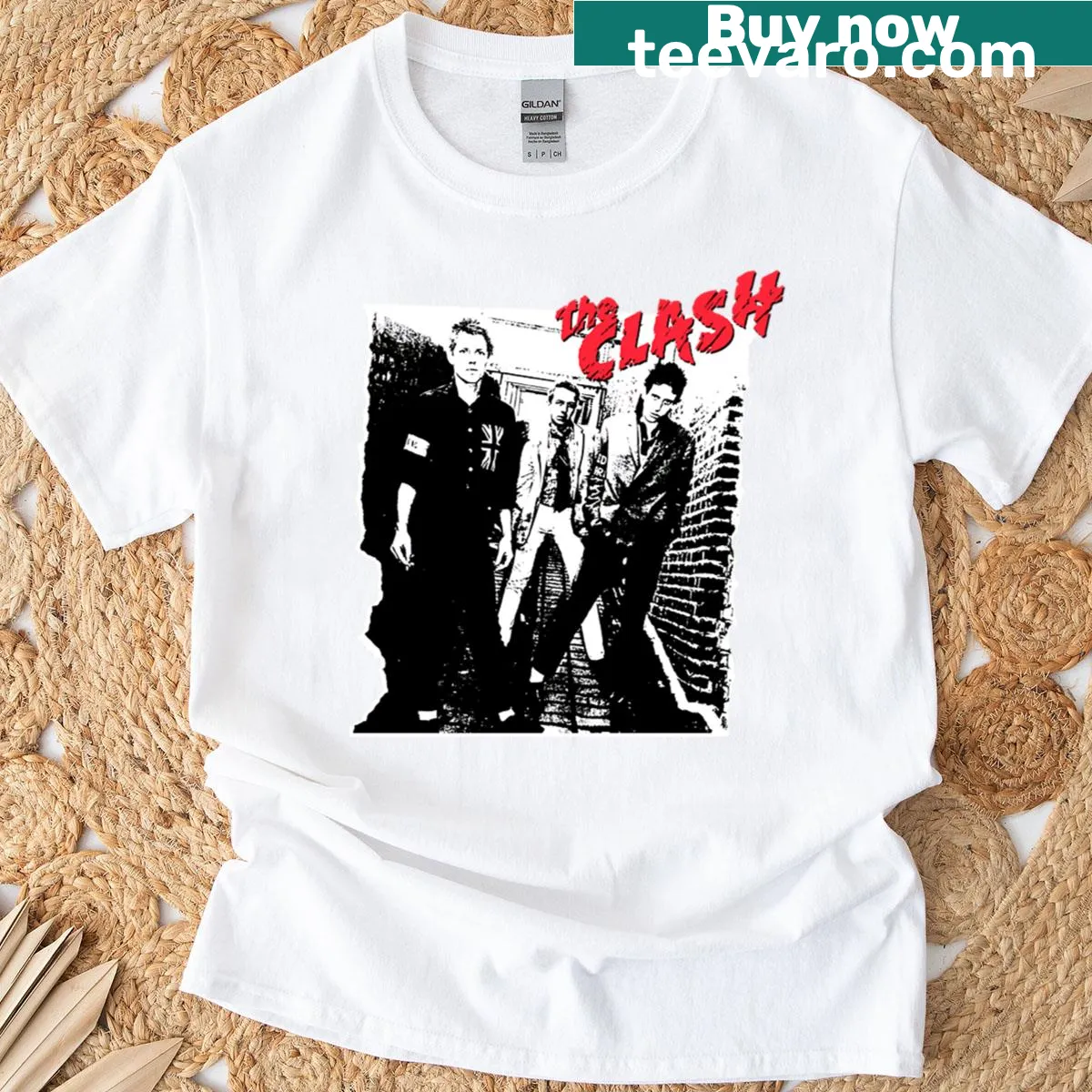 Shirt featuring enhanced album art for The Clash's self-titled album — on a men's t-shirt