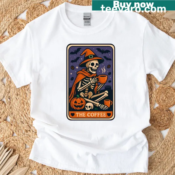 Skeleton tarot card design featuring a coffee cup