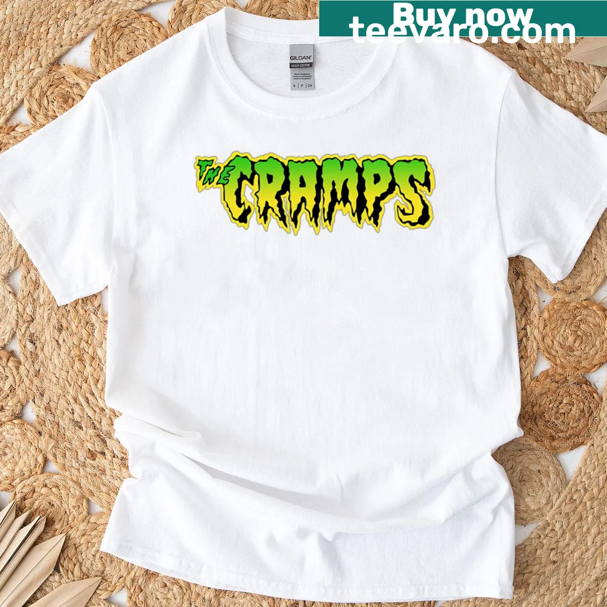 T-shirt featuring The Cramps band design in a bold illustration style — on a men's t-shirt
