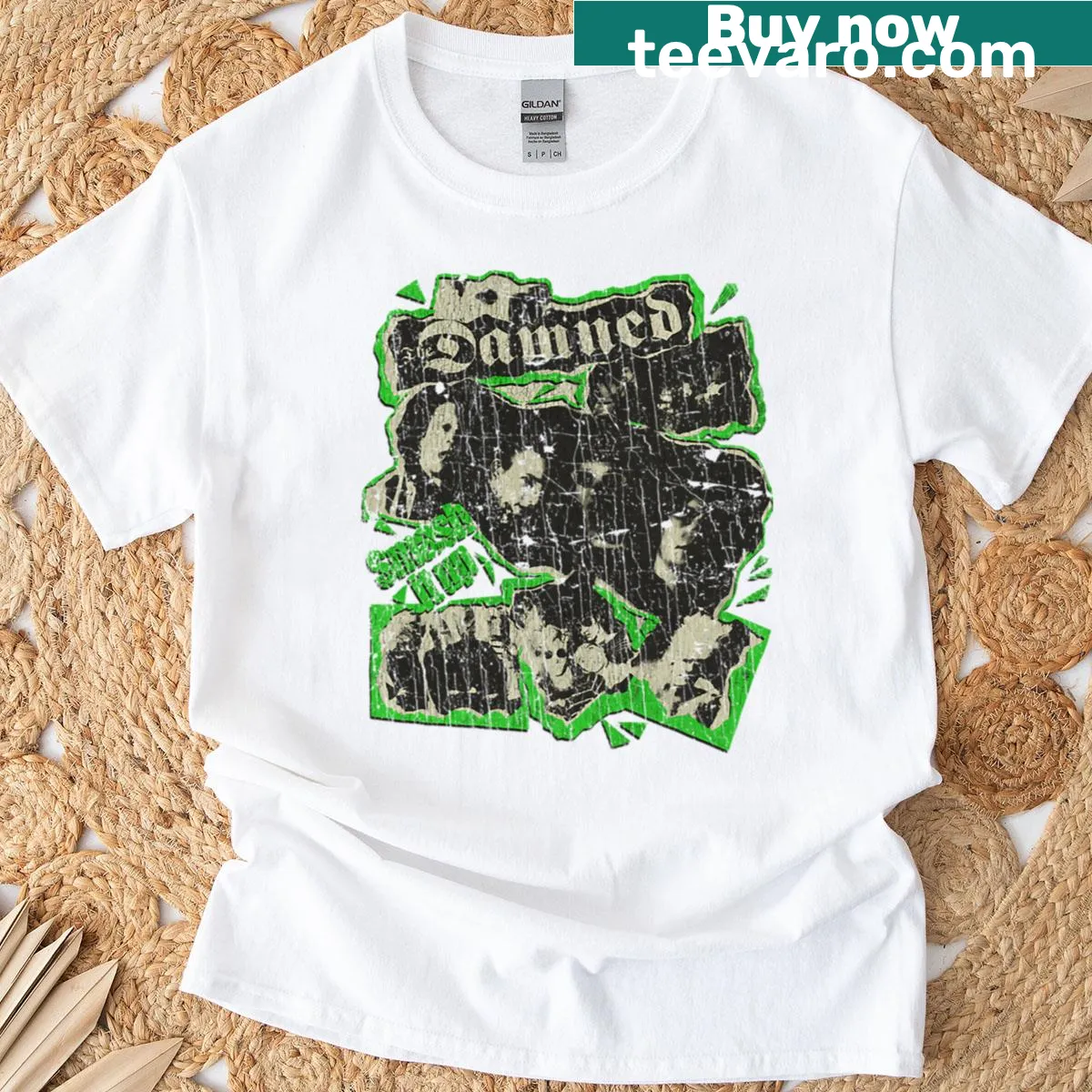Vintage distressed t-shirt celebrating The Damned band from 1979 — on a men's t-shirt