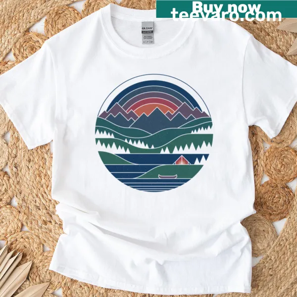 Illustrated t-shirt featuring a tranquil lake at twilight