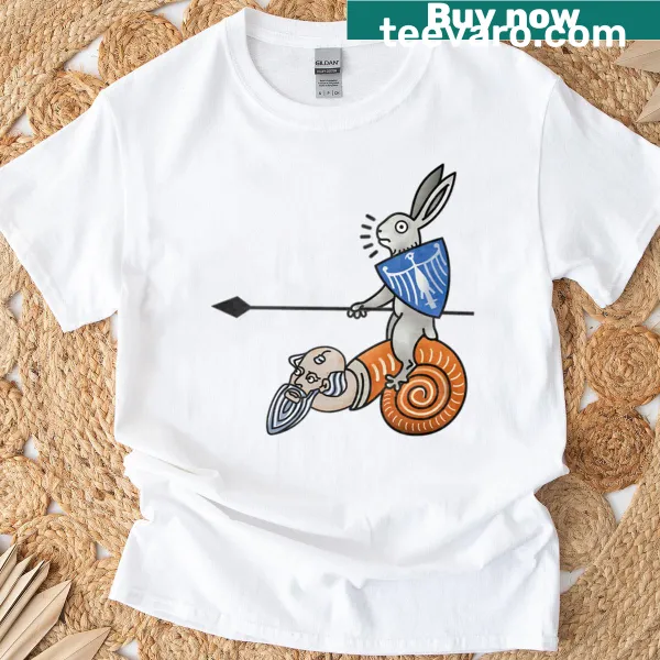 Illustration of a jousting rabbit on a T-shirt.