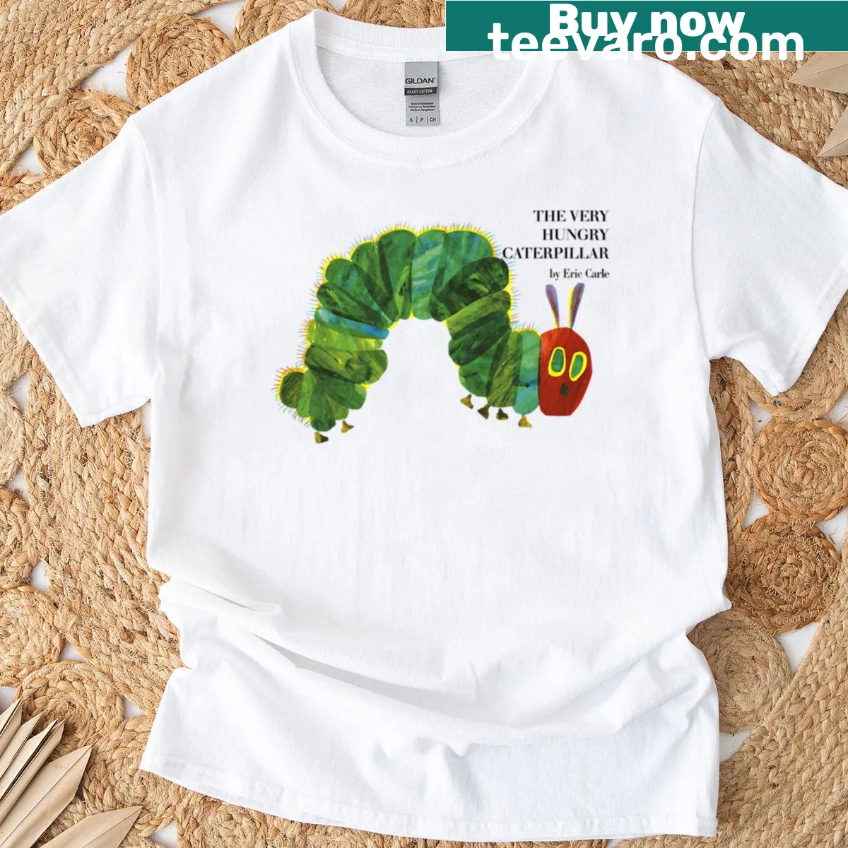 T-shirt featuring an illustration of The Very Hungry Caterpillar — on a men's t-shirt