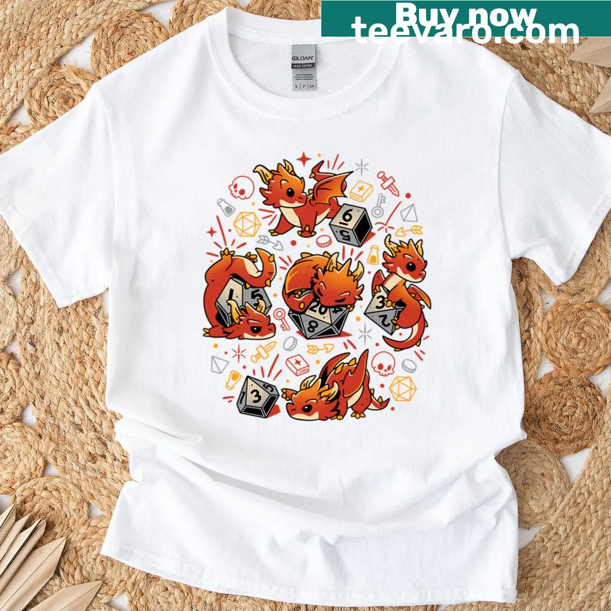 Cute tiny dragon sitting on dice graphic on a T-shirt — on a men's t-shirt