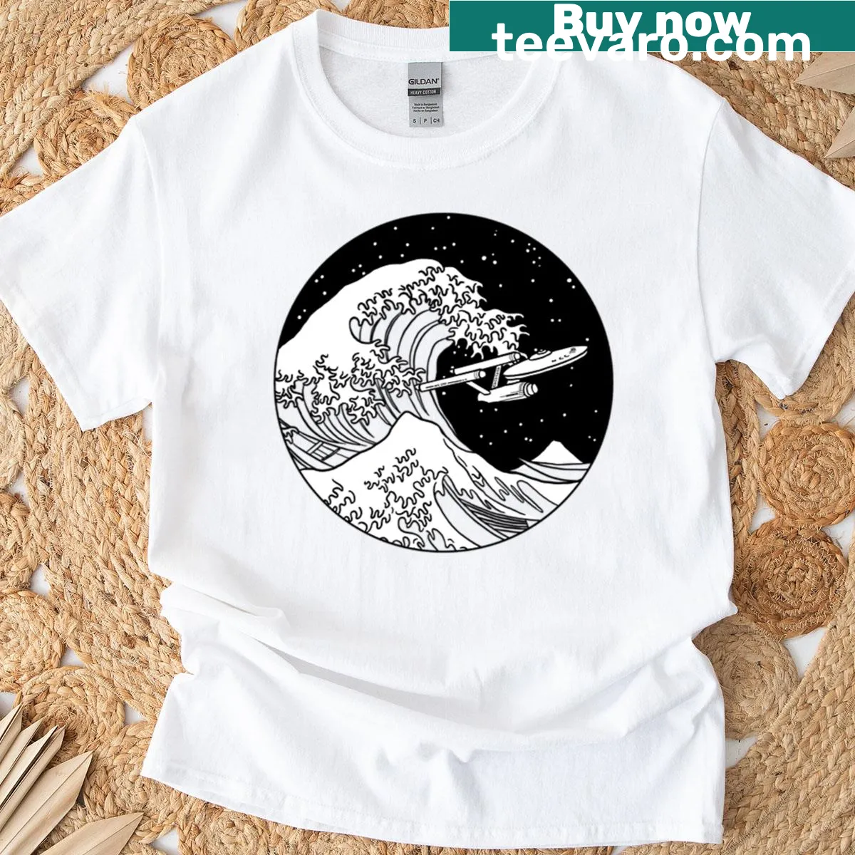 Illustrative T-shirt of a spaceship in space with a cosmic wave design. — on a men's t-shirt