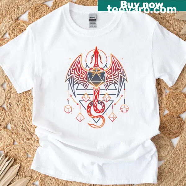 Cartoon tribal dragon and dice graphic on a T-shirt