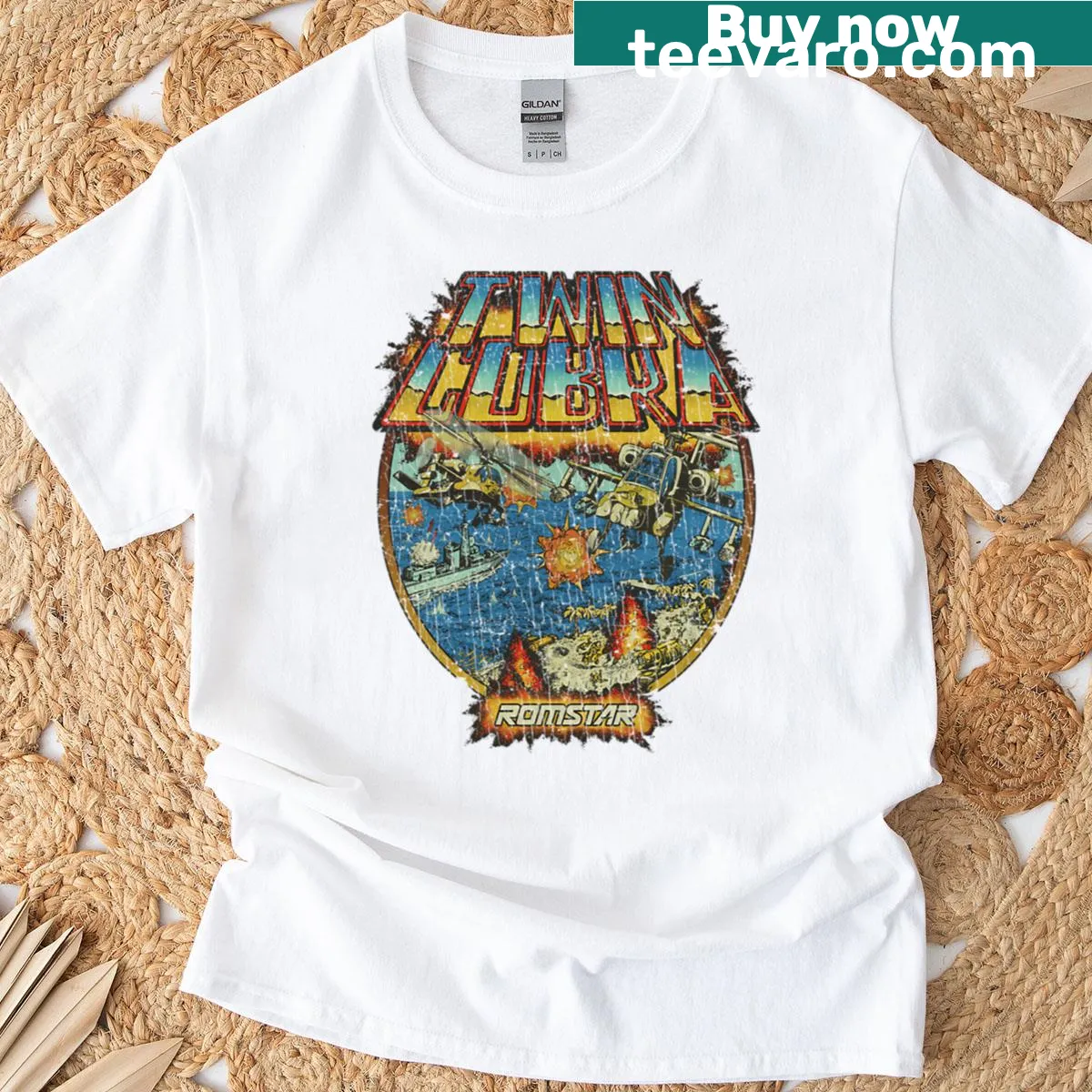 Twin Cobra Romstar 1987 retro gaming t-shirt. — on a men's t-shirt