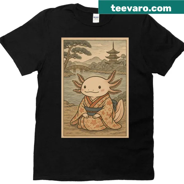 Ukiyo-e style T-shirt featuring an axolotl in kimono