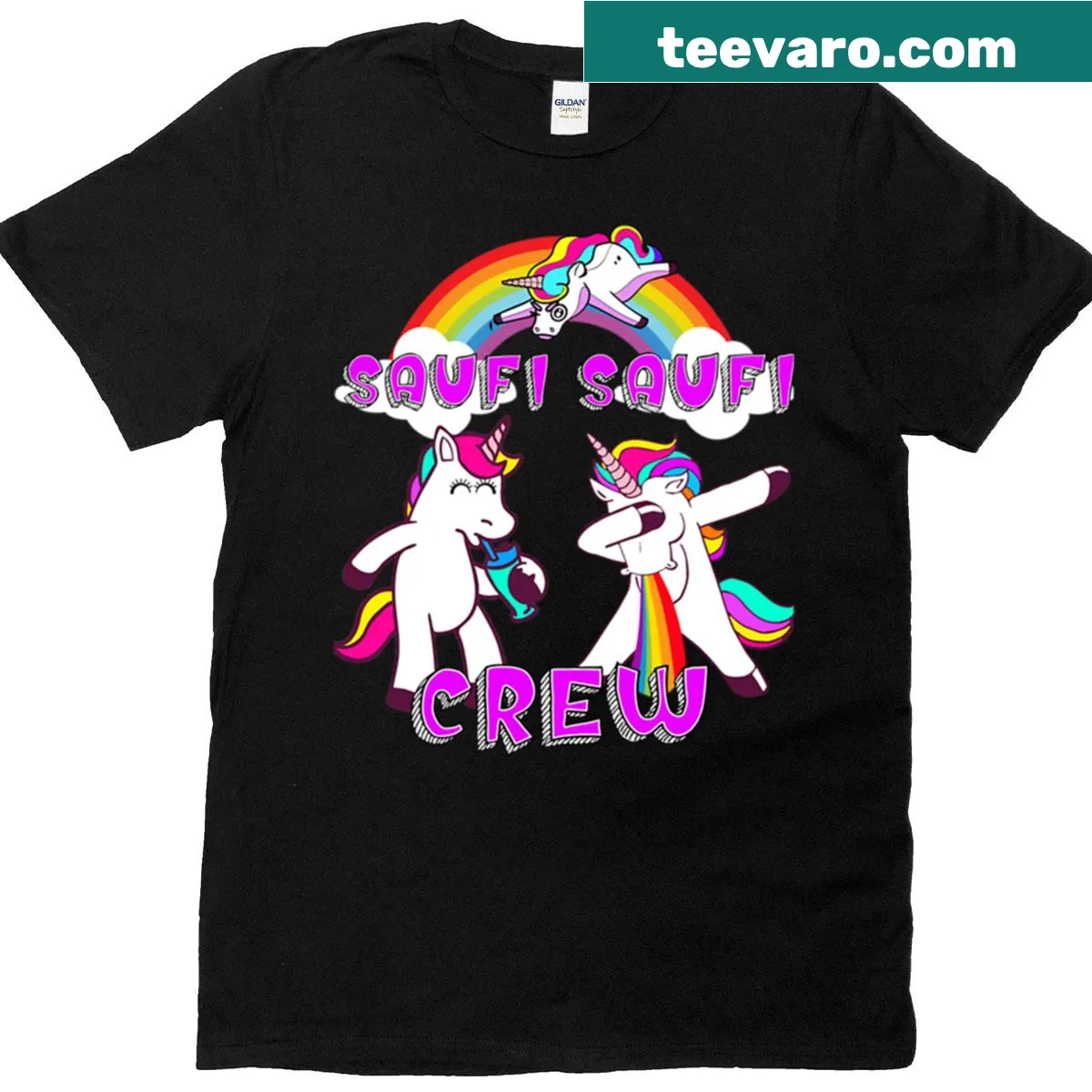 Playful T-shirt with a cartoon unicorn and 'Saufi Saufi Party Crew' text. — on a men's t-shirt