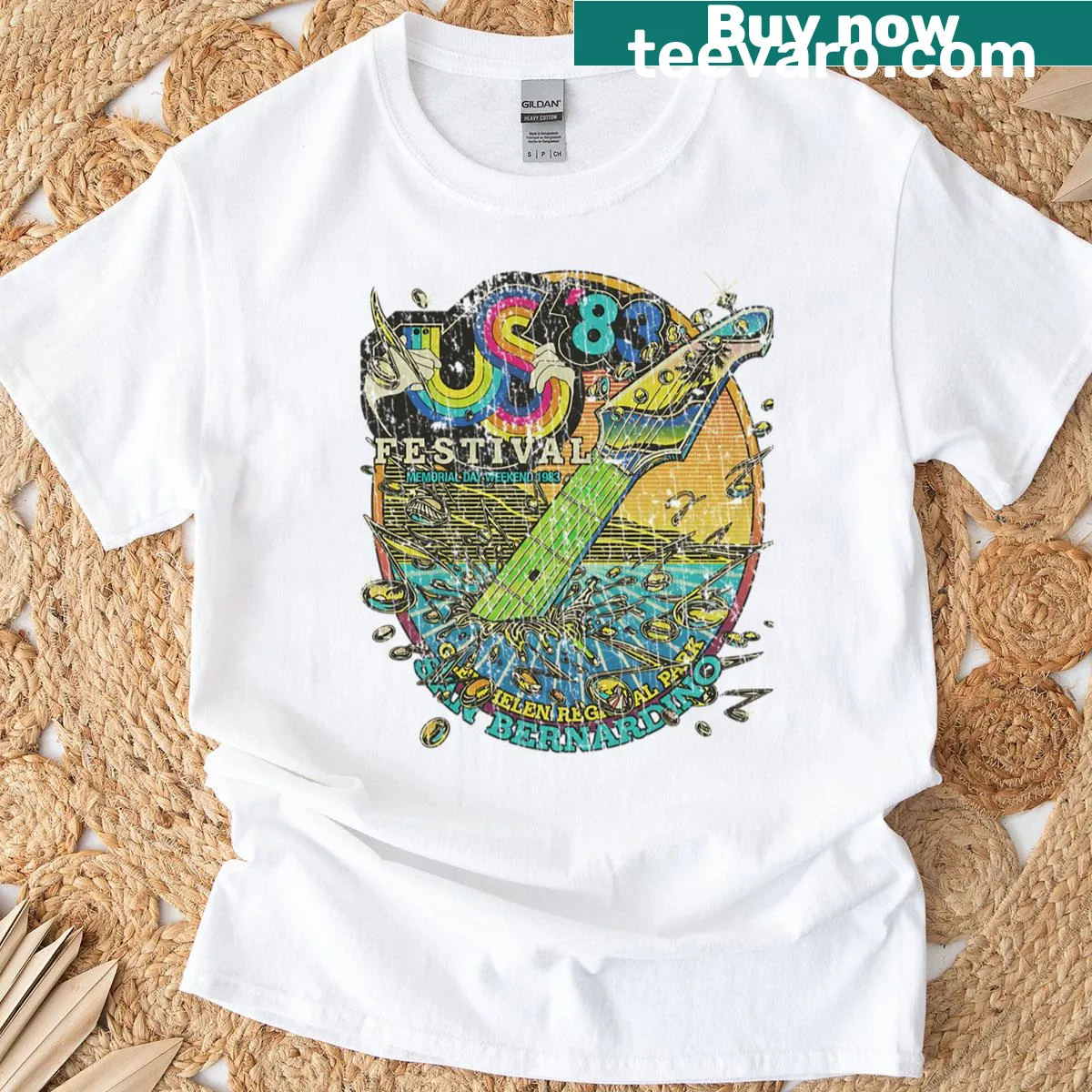 Retro graphic tee commemorating Us Festival 1983 — on a men's t-shirt