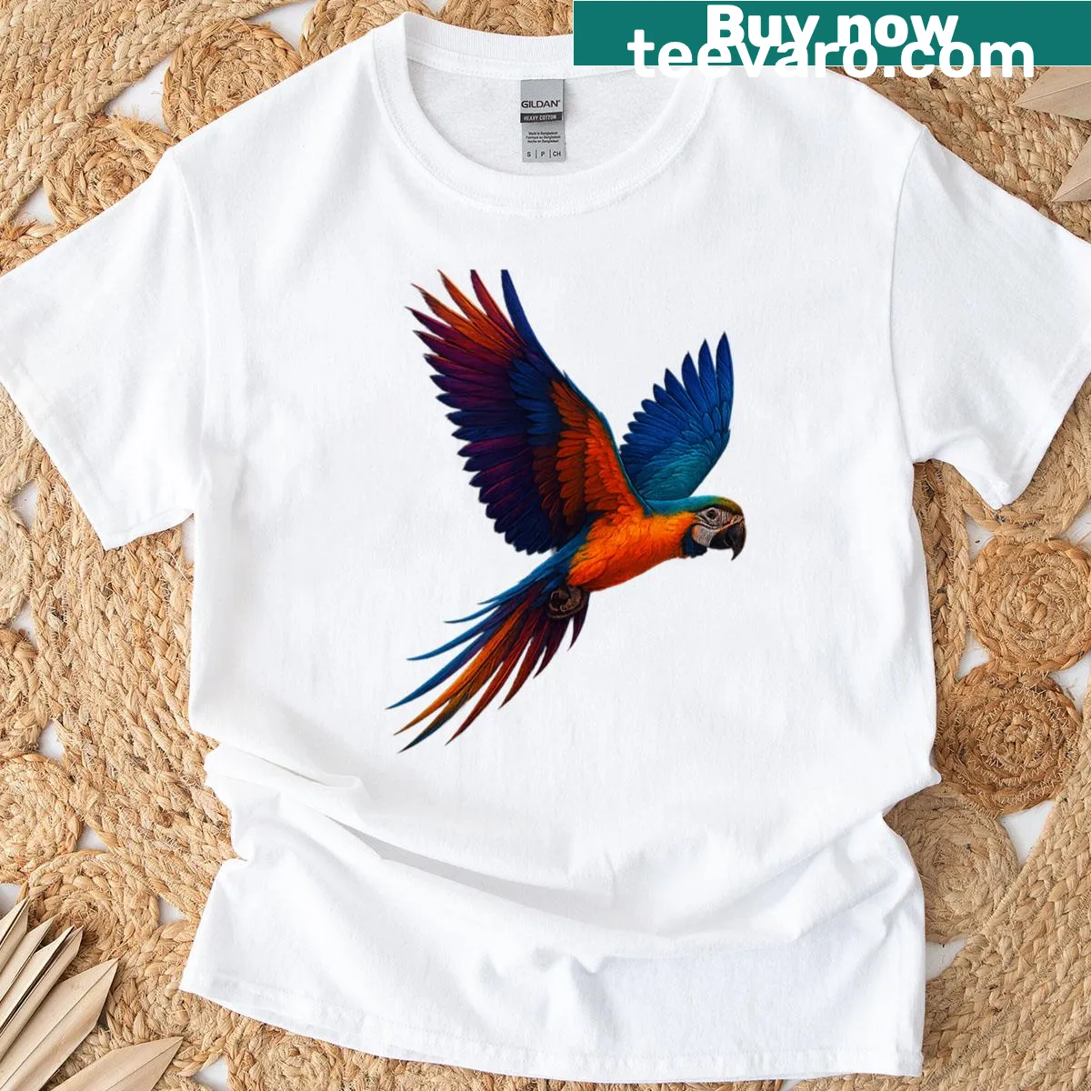 Abstract design T-shirt featuring a macaw in vibrant shapes. — on a men's t-shirt