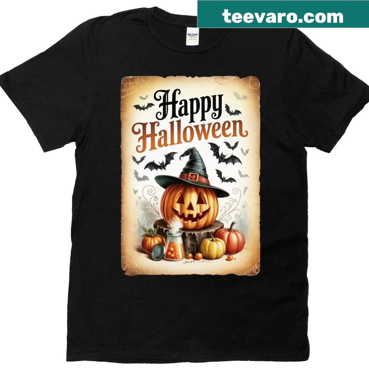 Vintage Halloween sign graphic on a distressed T-shirt — on a men's t-shirt
