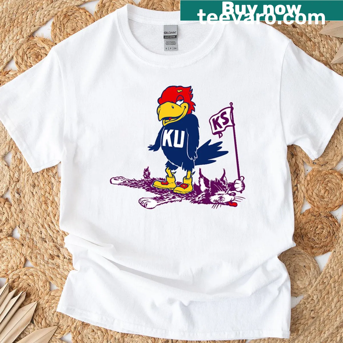 Vintage Ku vs K-state mascot t-shirt celebrating college sports rivalry — on a men's t-shirt