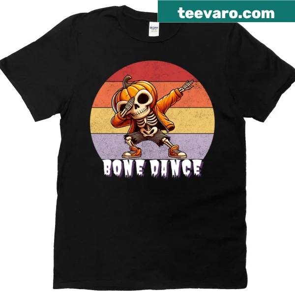 Funny Halloween T-shirt featuring a dabbing skeleton and pumpkins
