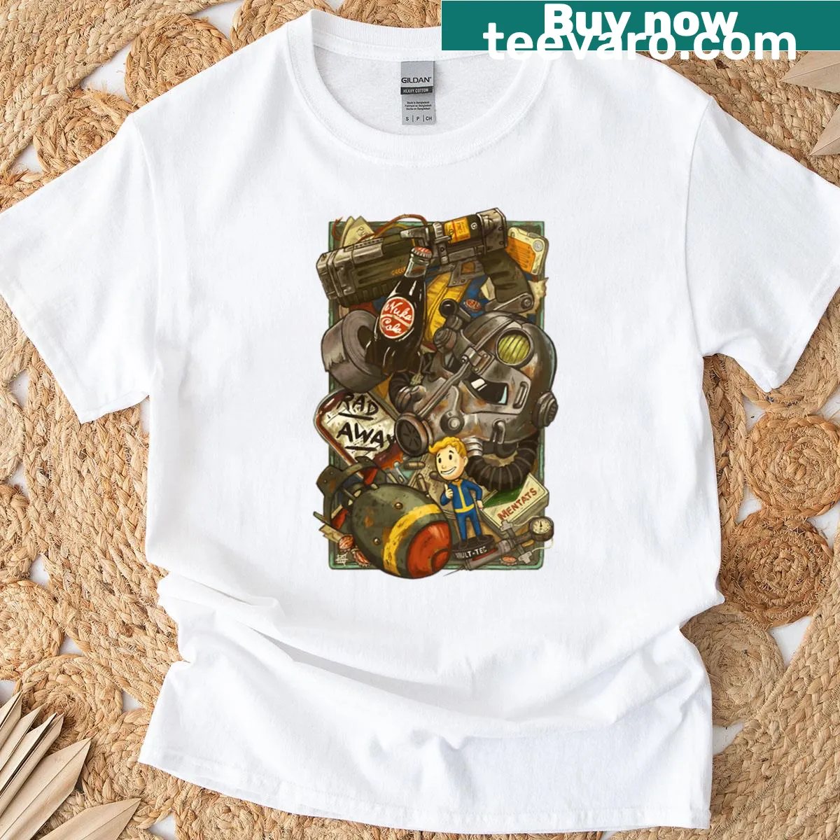Wasteland Cache graphic t-shirt inspired by post-apocalyptic themes — on a men's t-shirt