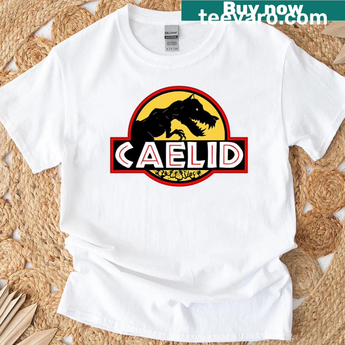 Whimsical graphic welcoming to Caelid, inspired by fantasy themes. — on a men's t-shirt