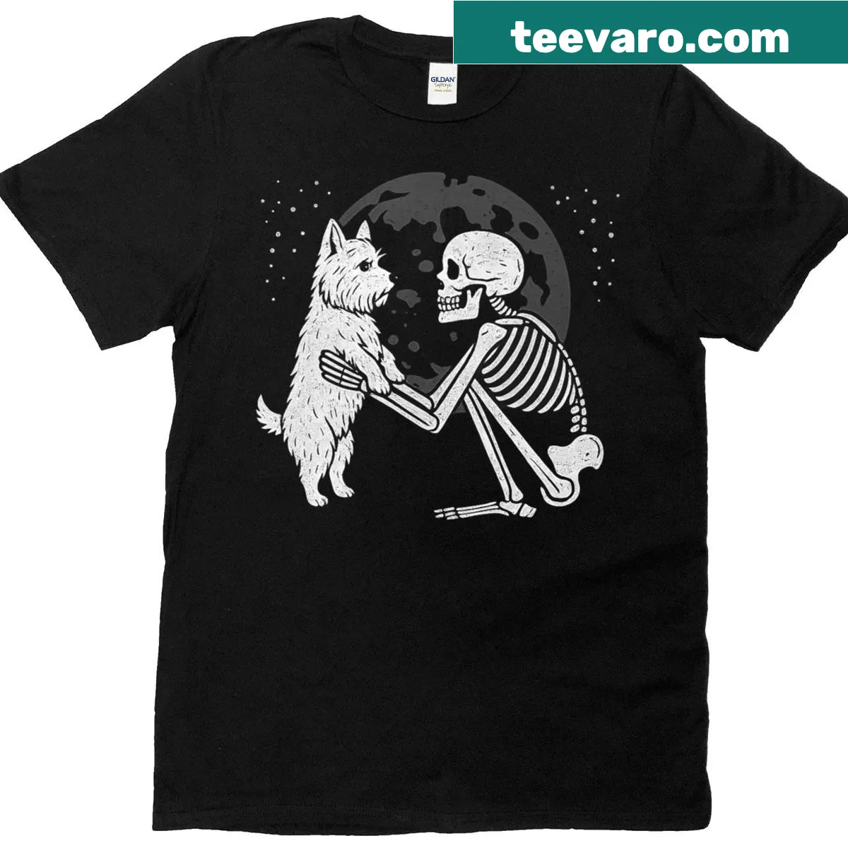 Whimsical West Highland White Terrier skeleton graphic on a Halloween T-shirt. — on a men's t-shirt