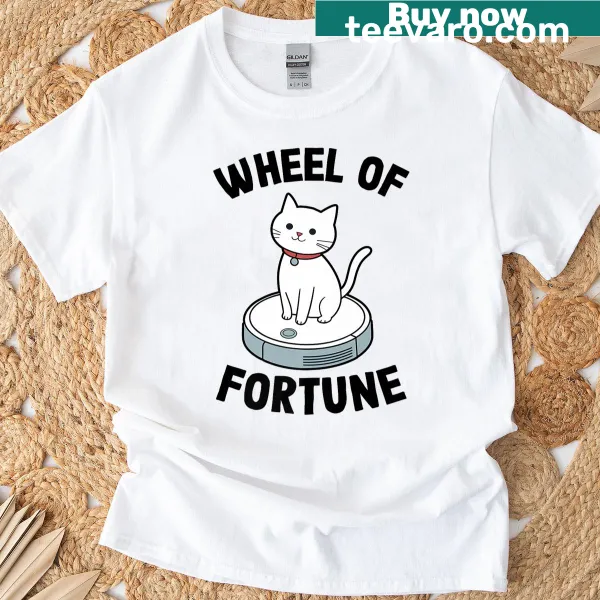 Funny cat joke T-shirt featuring a robot vacuum cleaner graphic