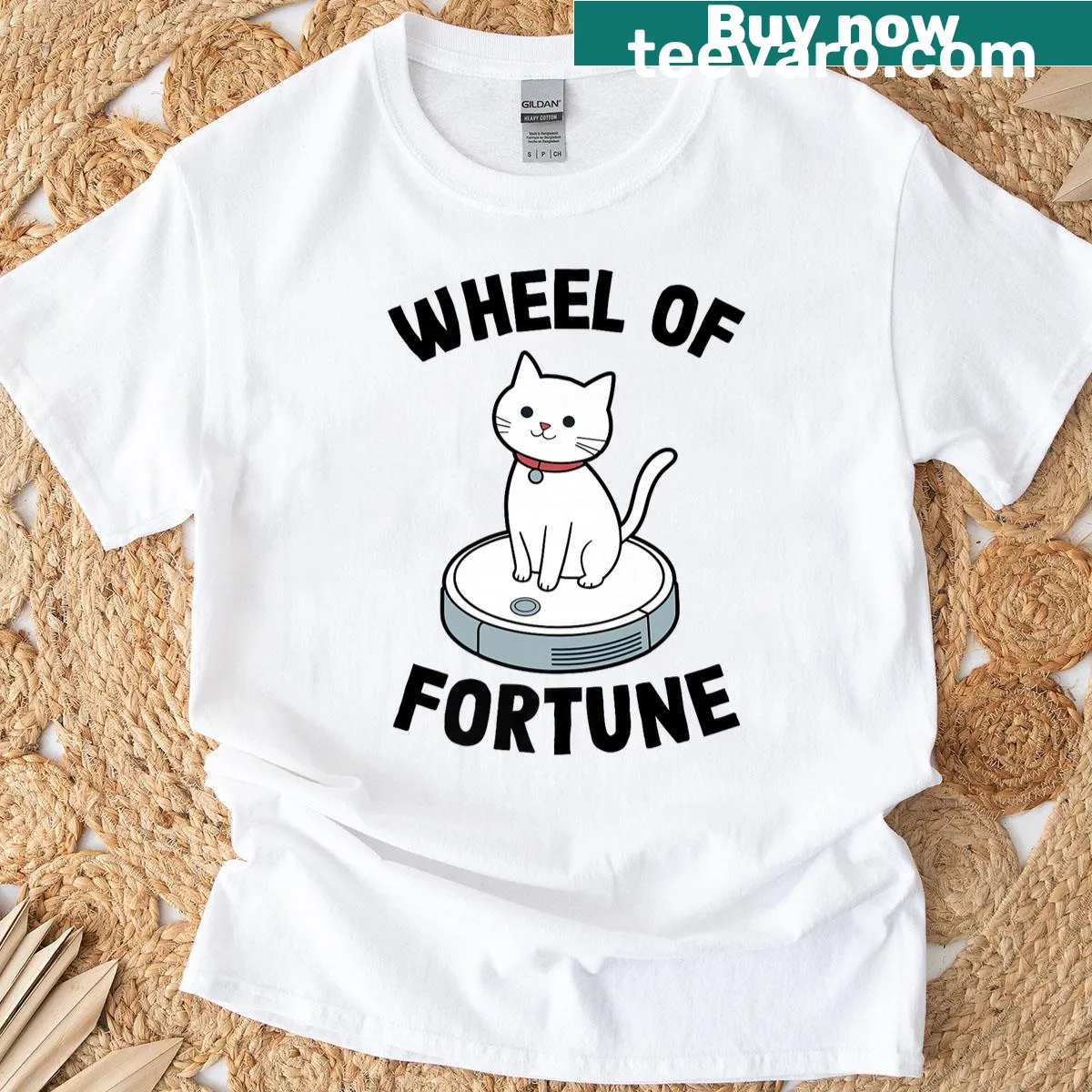Funny cat joke T-shirt featuring a robot vacuum cleaner graphic — on a men's t-shirt