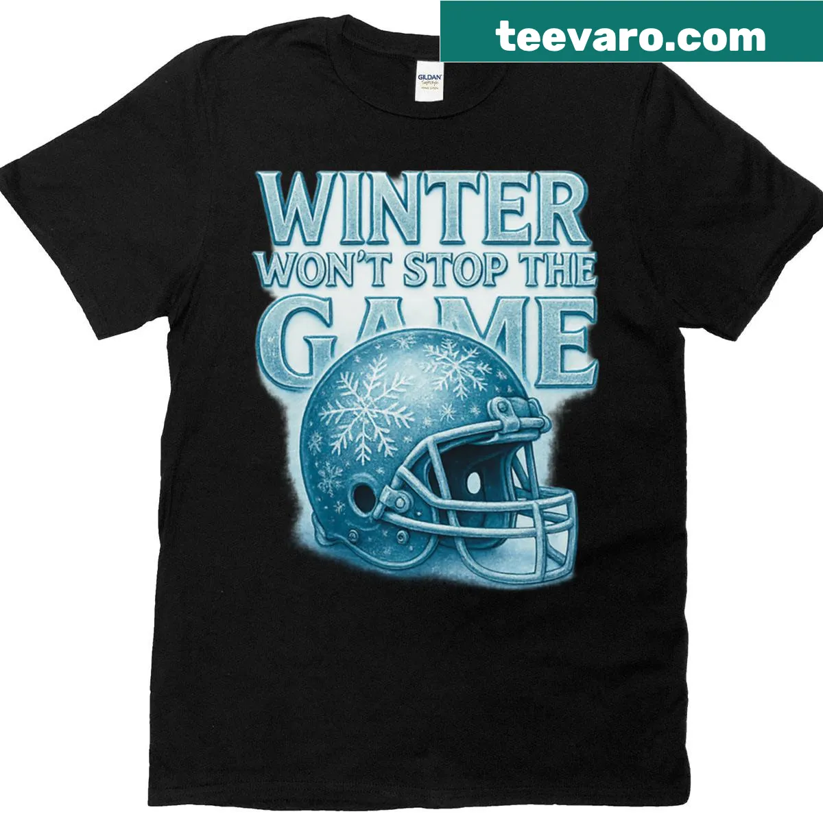 Playful football helmet t-shirt with snowflake design — on a men's t-shirt