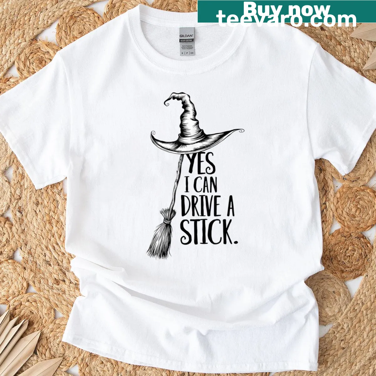 Funny t-shirt with a witch hat and driving slogan — on a men's t-shirt
