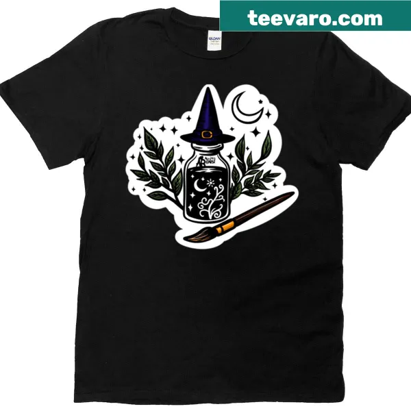 Illustrated witch's spell jar on Halloween-themed t-shirt