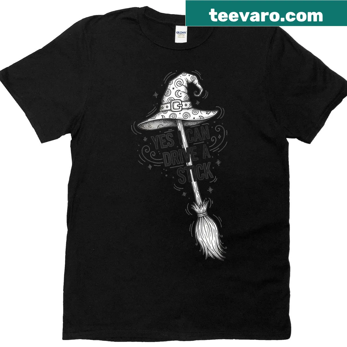Funny Halloween t-shirt with the text Yes I Can Drive A Stick — on a men's t-shirt