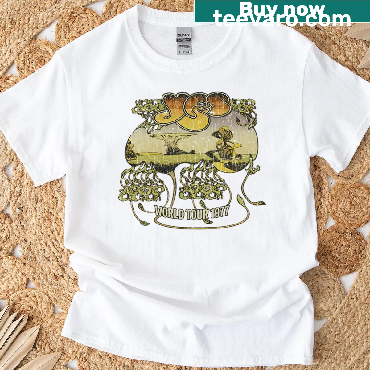 Yes World Tour 1977 logo on a classic rock shirt — on a men's t-shirt
