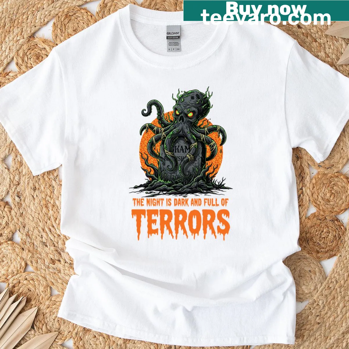 Eerie octopus graphic with horror text on a shirt — on a men's t-shirt