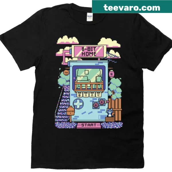 Retro 8-bit style Home t-shirt with blocky text design