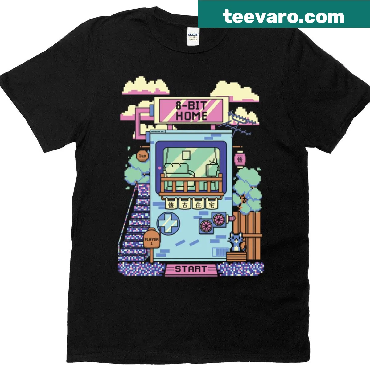Retro 8-bit style Home t-shirt with blocky text design — on a men's t-shirt