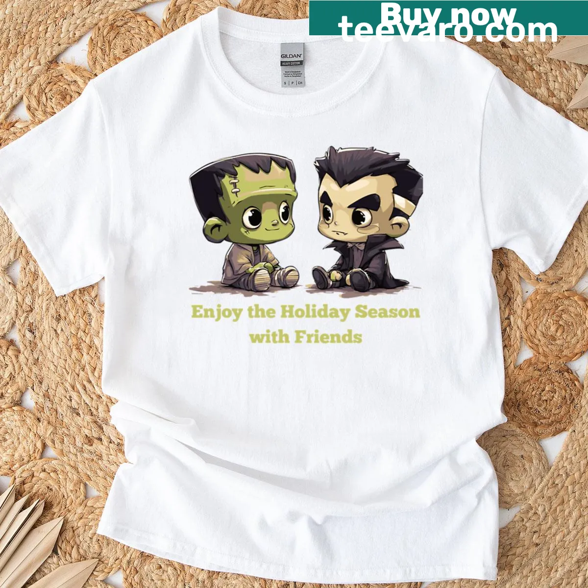 Halloween-themed shirt with adorable illustrations of spooky characters — on a men's t-shirt