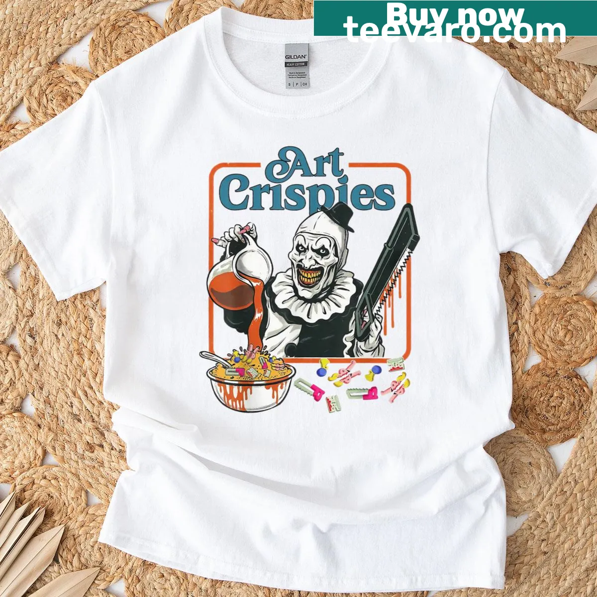 Creepy clown design on a horror-themed Halloween t-shirt — on a men's t-shirt