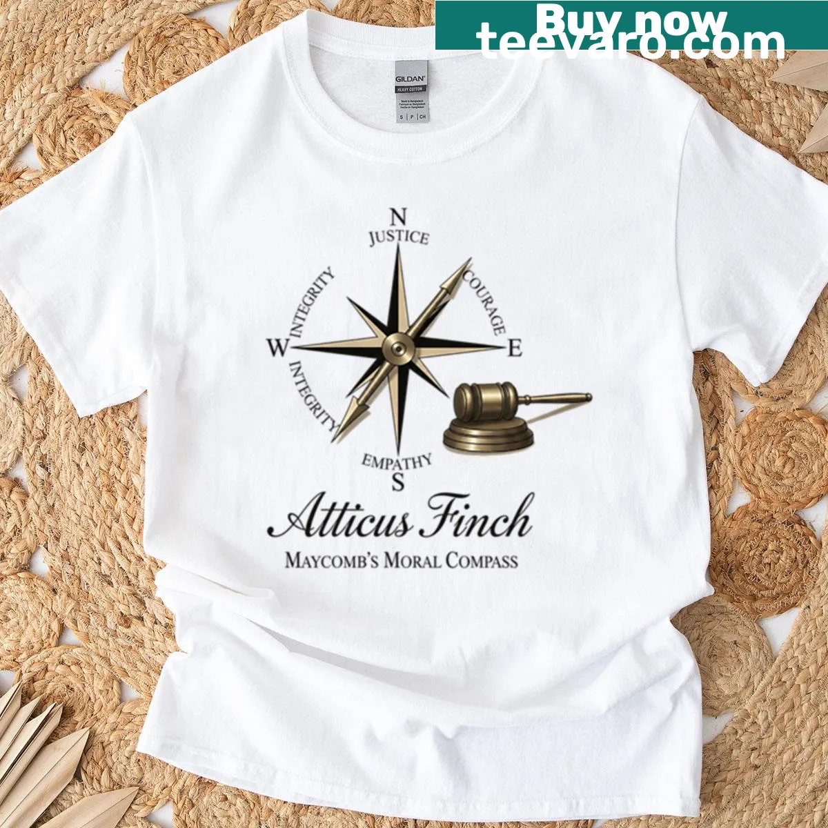 Shirt with text honoring Atticus Finch as Maycomb's moral compass — on a men's t-shirt