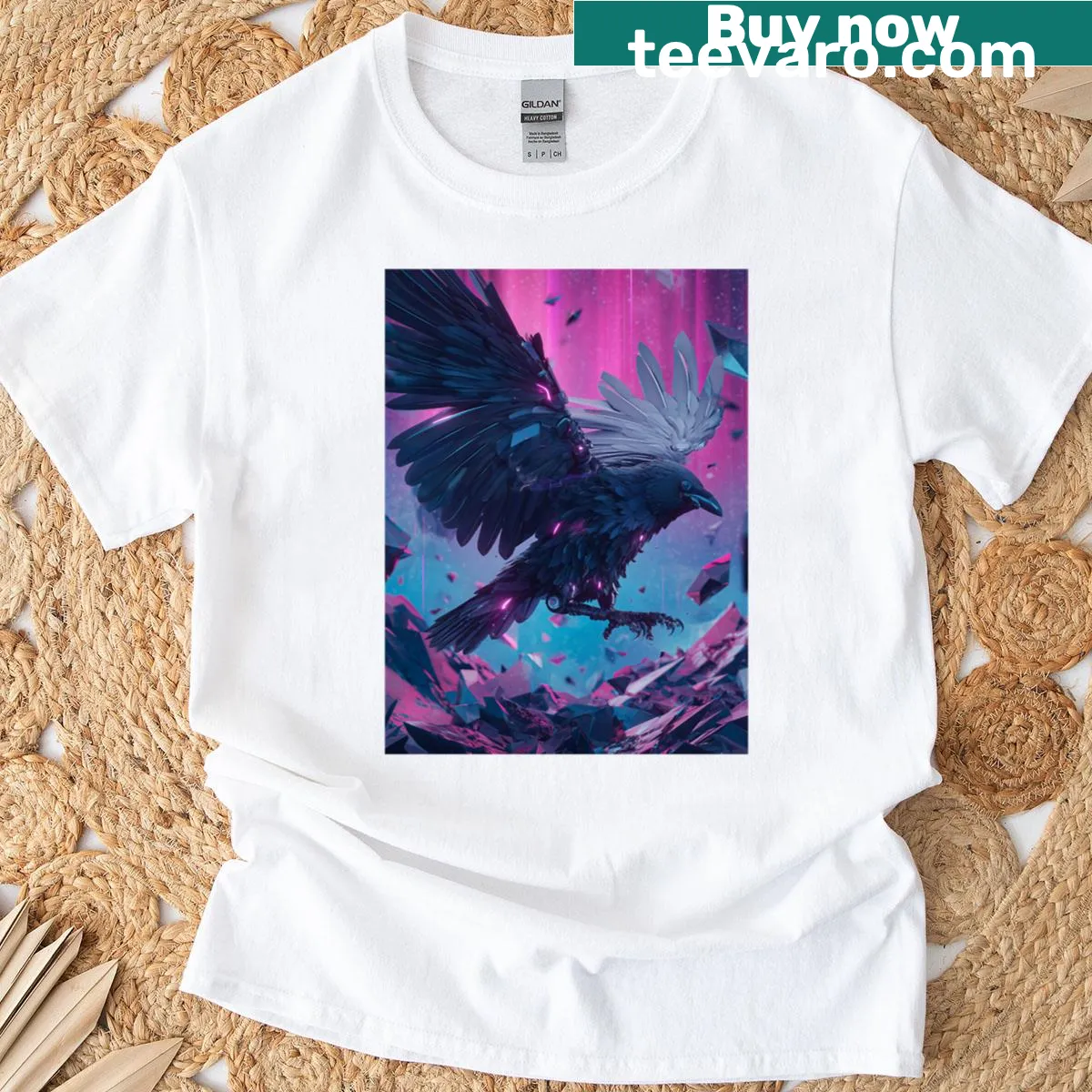 Raven and shard graphic in a mystical fantasy-themed t-shirt. — on a men's t-shirt