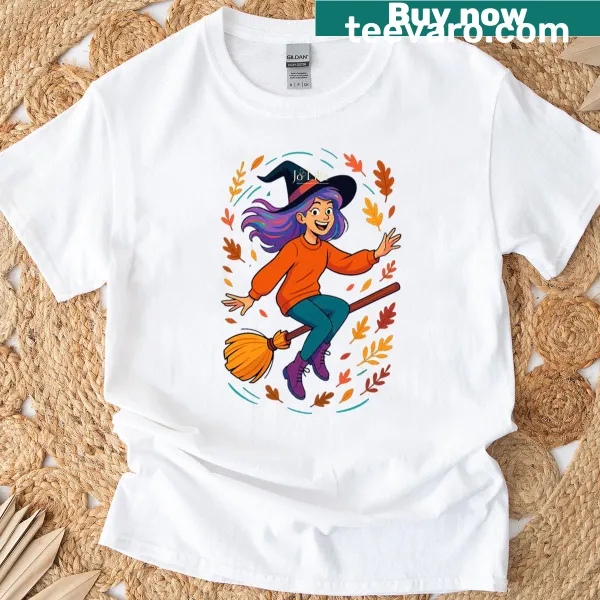 Cute witch flying in an autumn-themed Halloween shirt.