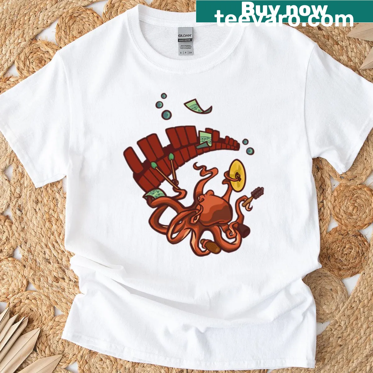 Playful cartoon design of an auxiliary octopus on a T-shirt — on a men's t-shirt