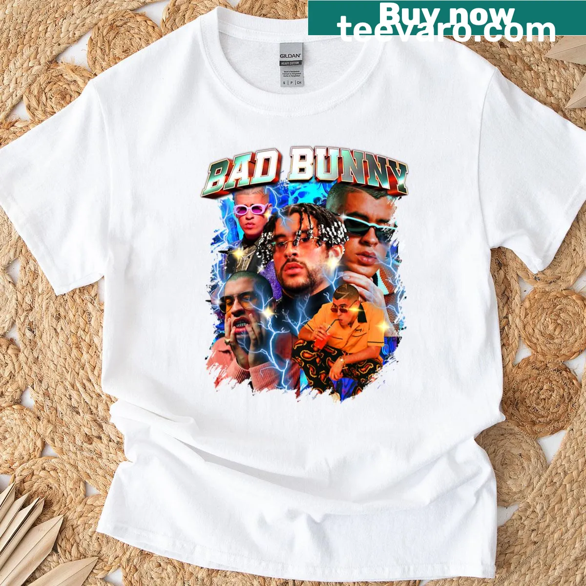 90s bootleg graphic t-shirt featuring Bad Bunny design — on a men's t-shirt