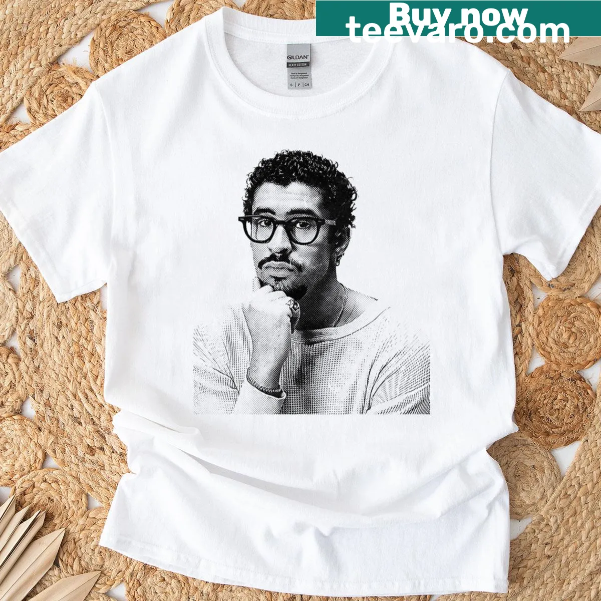Humorous Bad Bunny-themed T-shirt with playful photo shoot illustration — on a men's t-shirt