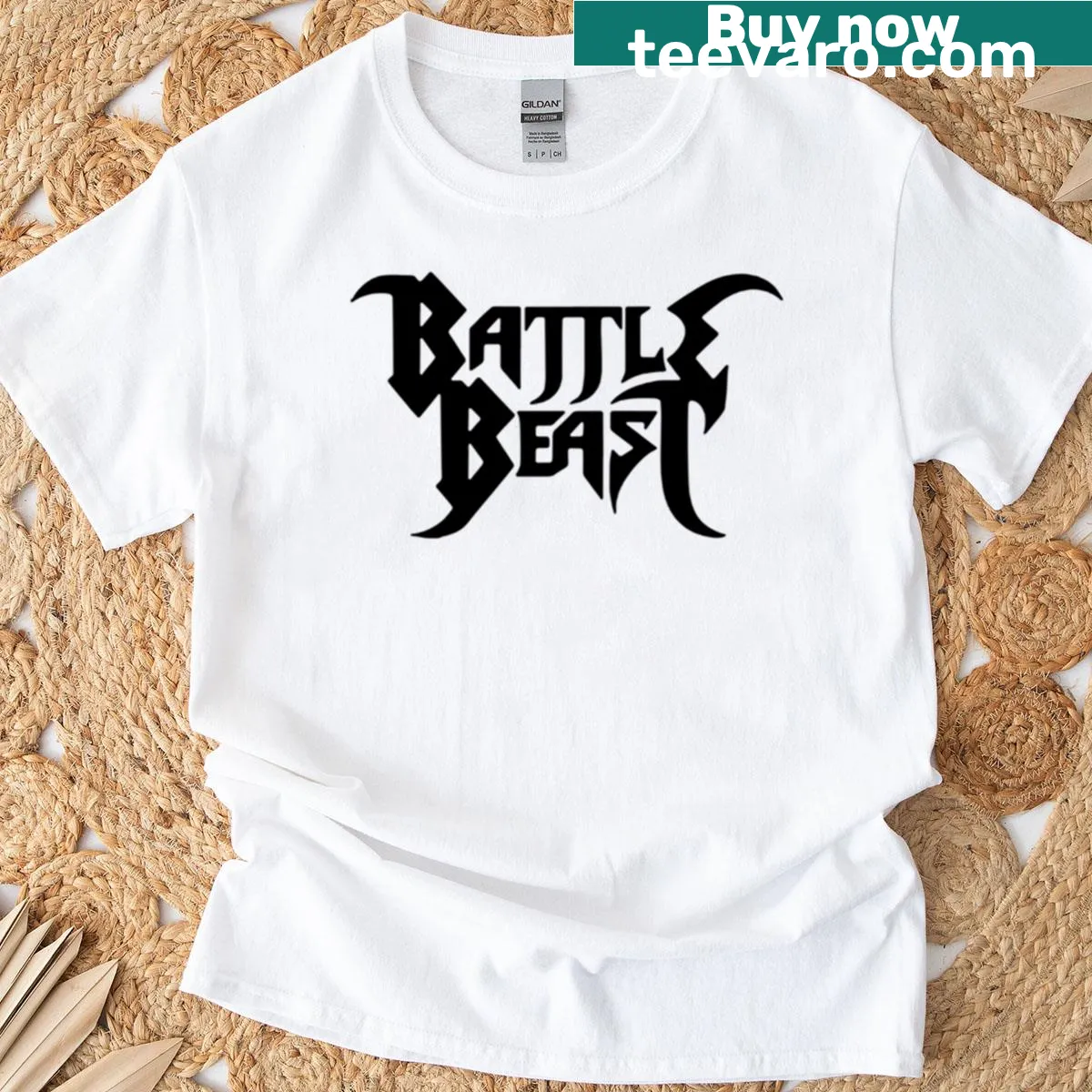 Fantasy-themed shirt featuring an imaginative battle beast. — on a men's t-shirt