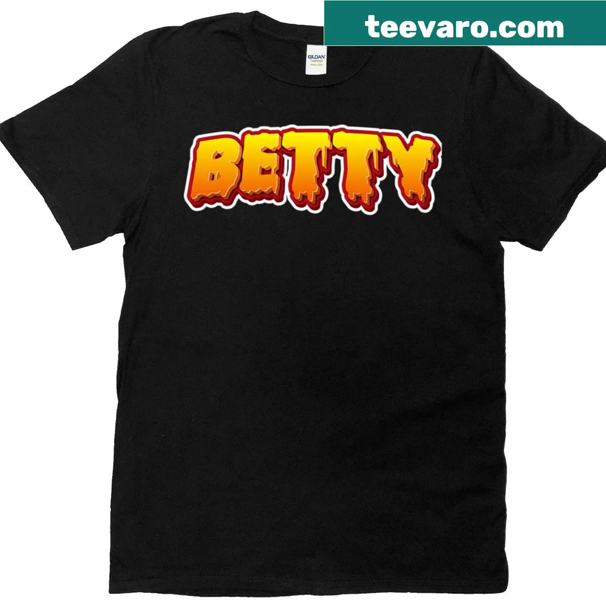 Cartoon-style 'Betty' Halloween sticker text on a T-shirt — on a men's t-shirt