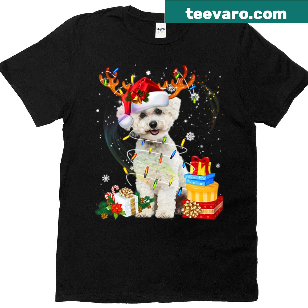 Bichon Frise cartoon wearing Christmas lights on a t-shirt — on a men's t-shirt
