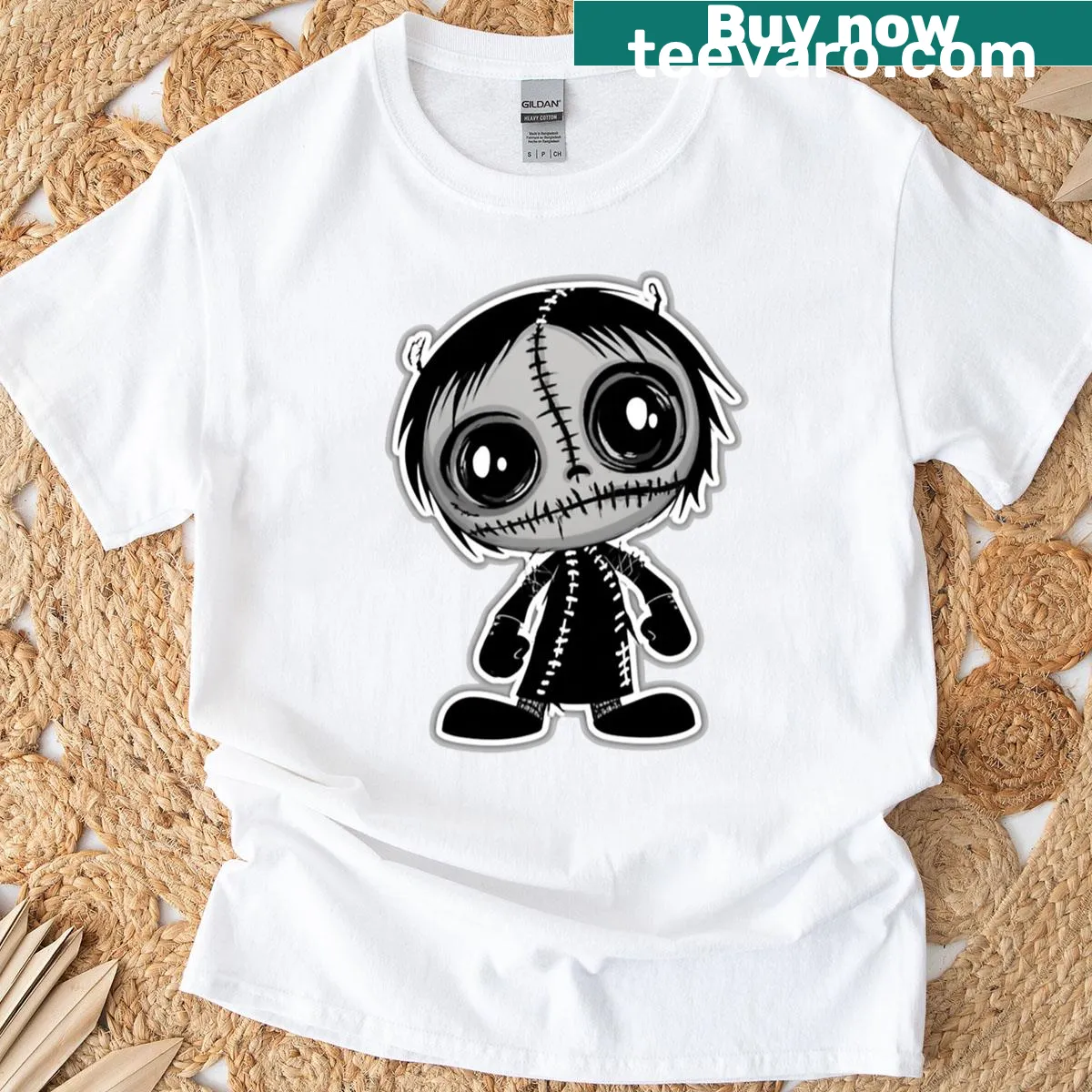 Cute big-eyed skeleton Halloween T-shirt with playful design — on a men's t-shirt